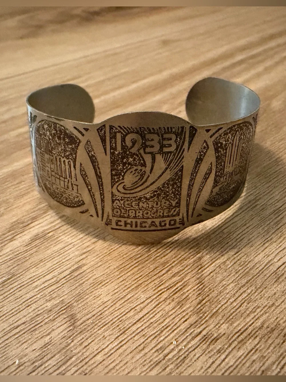 Vintage Silver Tone 1933 Chicago World Fair A Century of Progress Bracelet Cuff